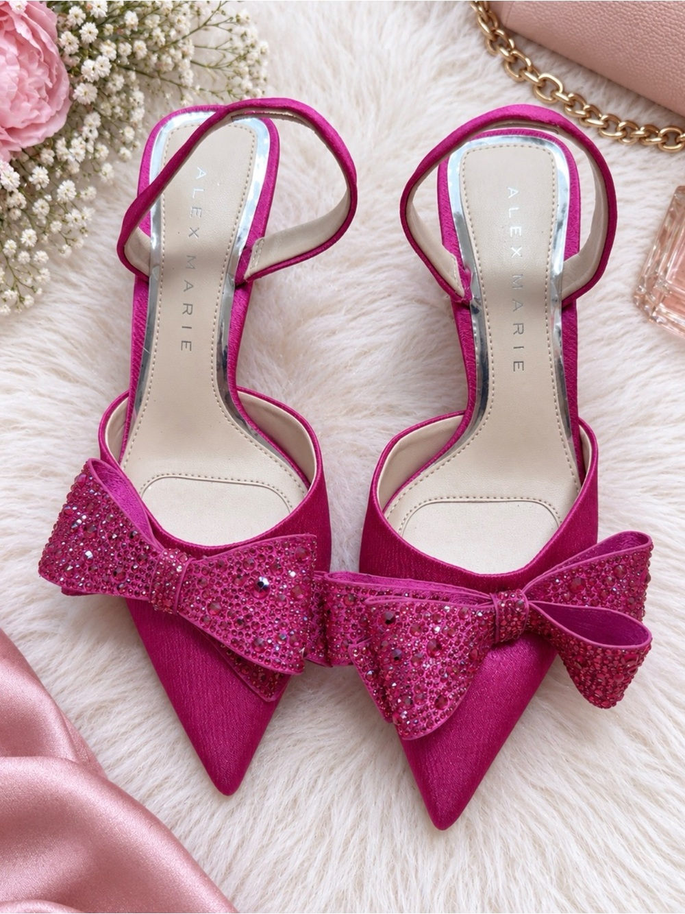 Wendy Satin Slingback Pumps With Rhinestone Bow